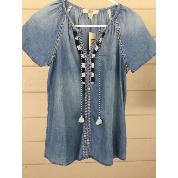 Vintage America Chambray Peasant Blouse Tie Neck Size XS Boho Fringe Top Tassels - Picture 1 of 9